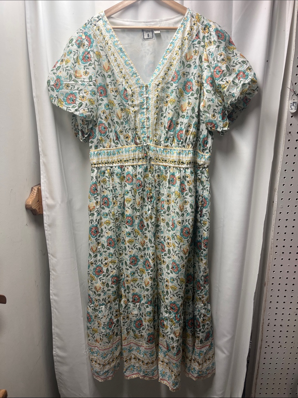 LEA Blue Yellow Cotton Floral Prairie Maxi Dress | Size 2X | Cottage-core